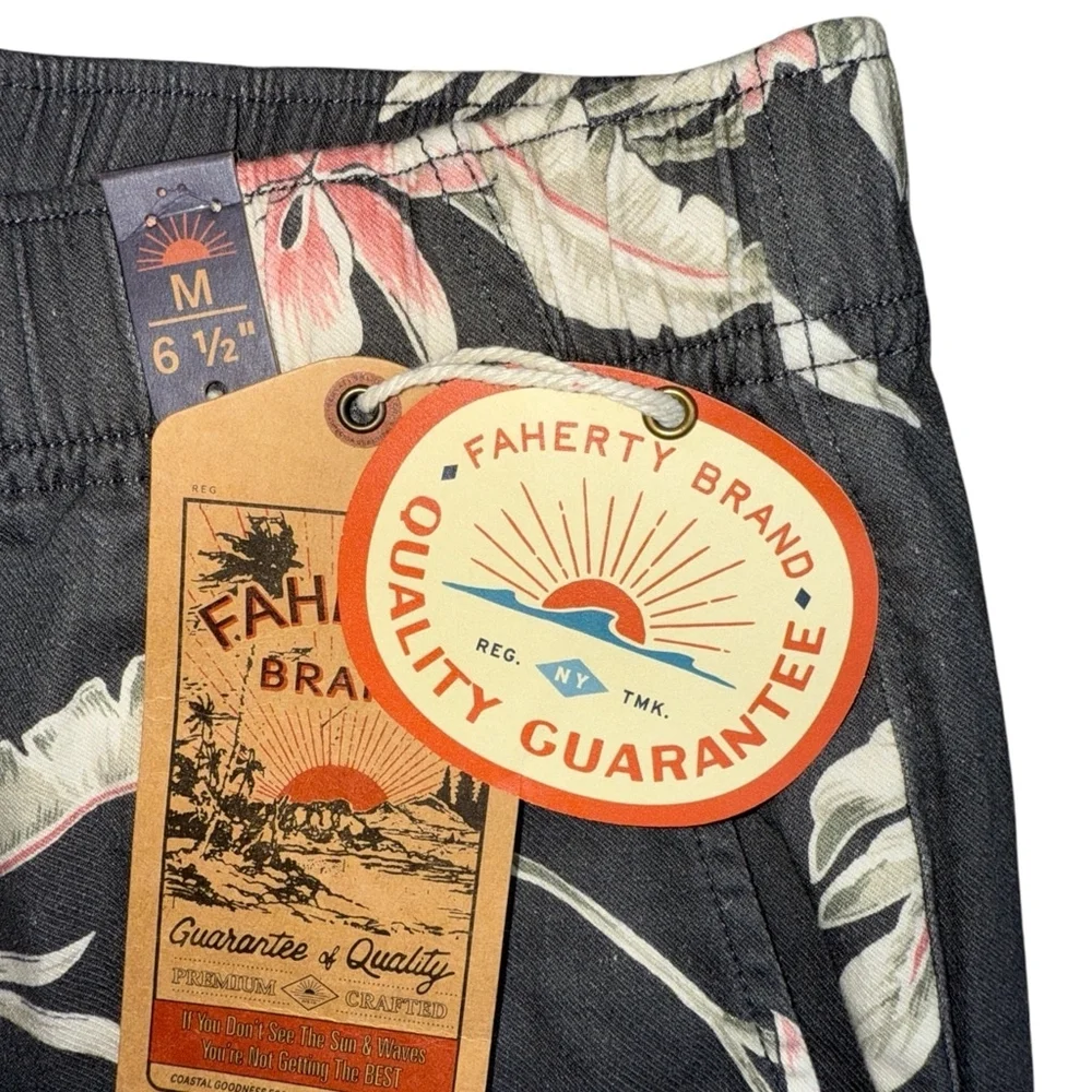 Faherty Black Floral Flat Front Shorts with Pink & Cream Print